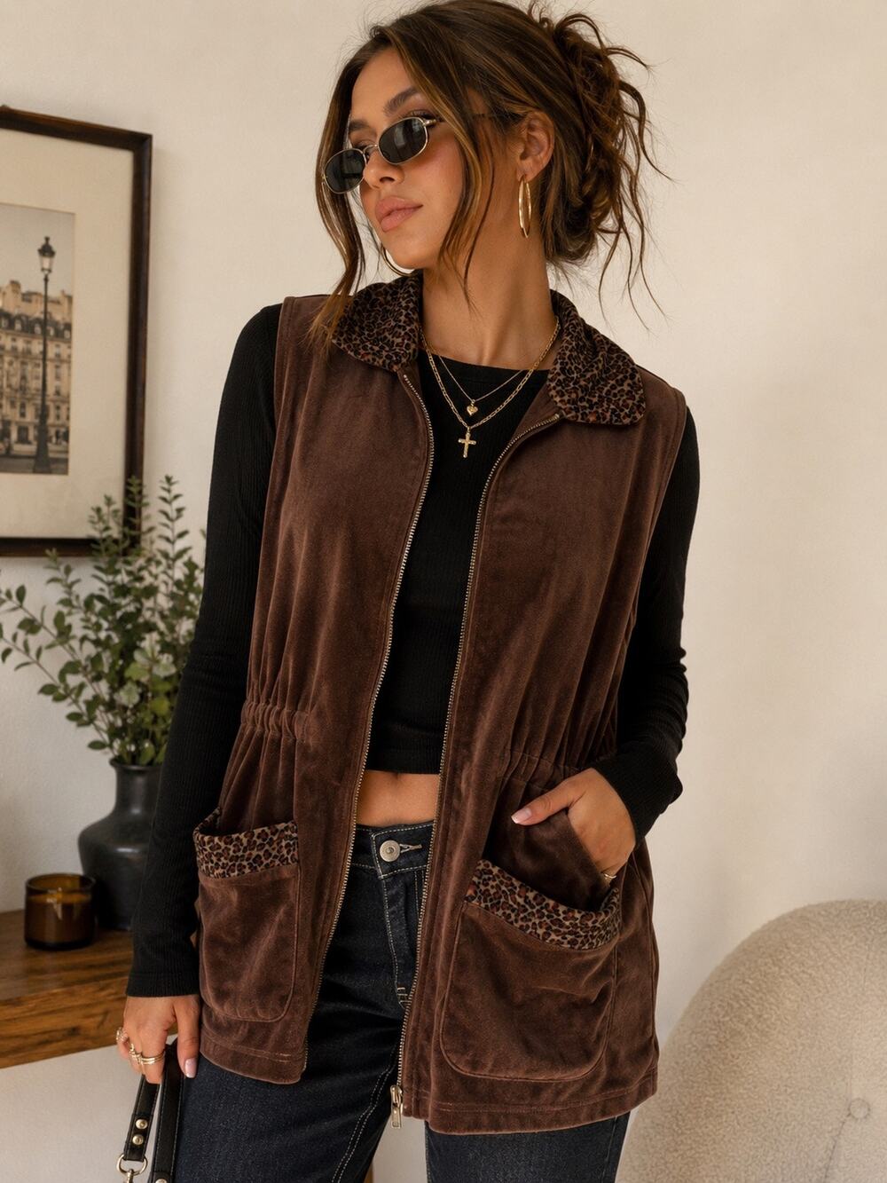 Vintage Moving Blue Brown Velour Leopard Trim Zip Vest Size L Y2K